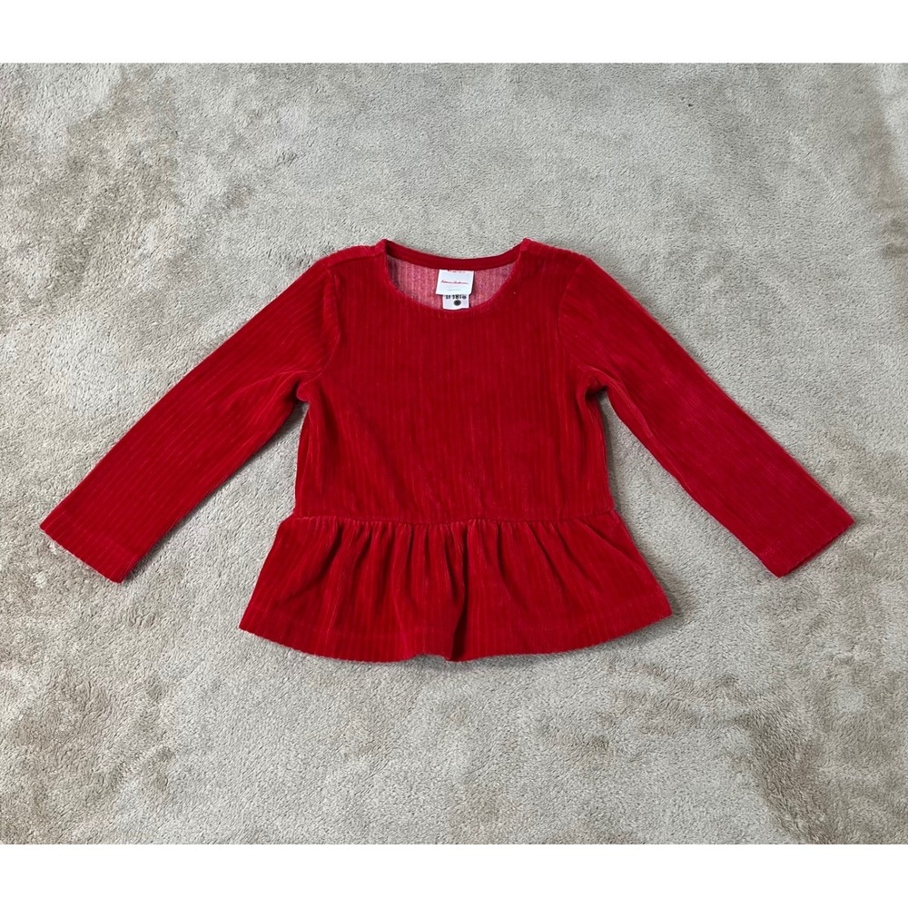 Hanna Andersson Velour Ribbed Ruffle Peplum Long Sleeve Girls 2T Red Top EUC